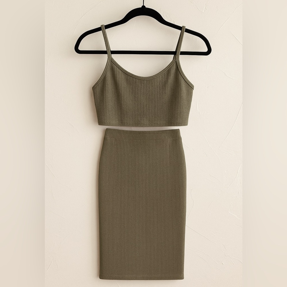 Necessary Clothing Ribbed Olive Crop Tank & Skirt Set